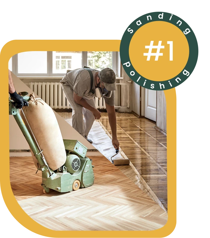 Man sanding and polishing wooden floor in home interior.